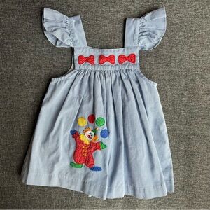 Nursery Rhyme Vintage Blue White Striped Clown Bow Seersucker Dress Circus 3T